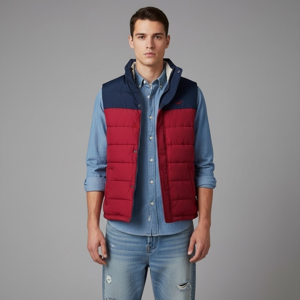 Hollister Men's Navy and Red Puffer Vest Size L